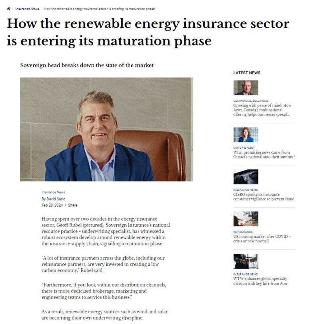 Une capture d'écran de l'article "How the renewable energy insurance sector is entering its maturation phase" en anglais